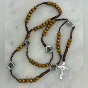 Brown Wooden Beaded Rosary Necklace with Small Cross